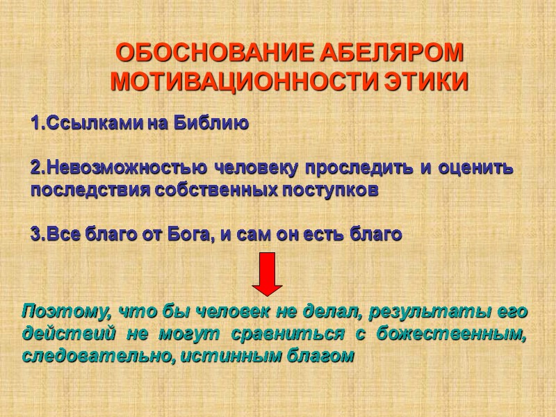 ОБОСНОВАНИЕ АБЕЛЯРОМ МОТИВАЦИОННОСТИ ЭТИКИ 1.Ссылками на Библию  2.Невозможностью человеку проследить и оценить последствия